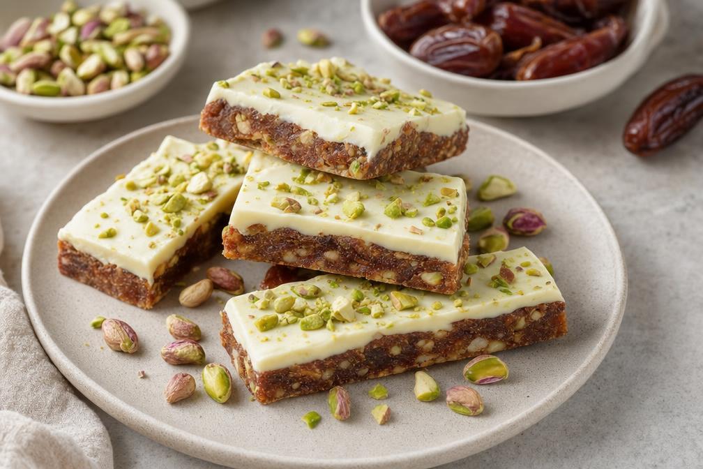 🍫 Pistáciové tyčinky s bílou čokoládou a datlemi